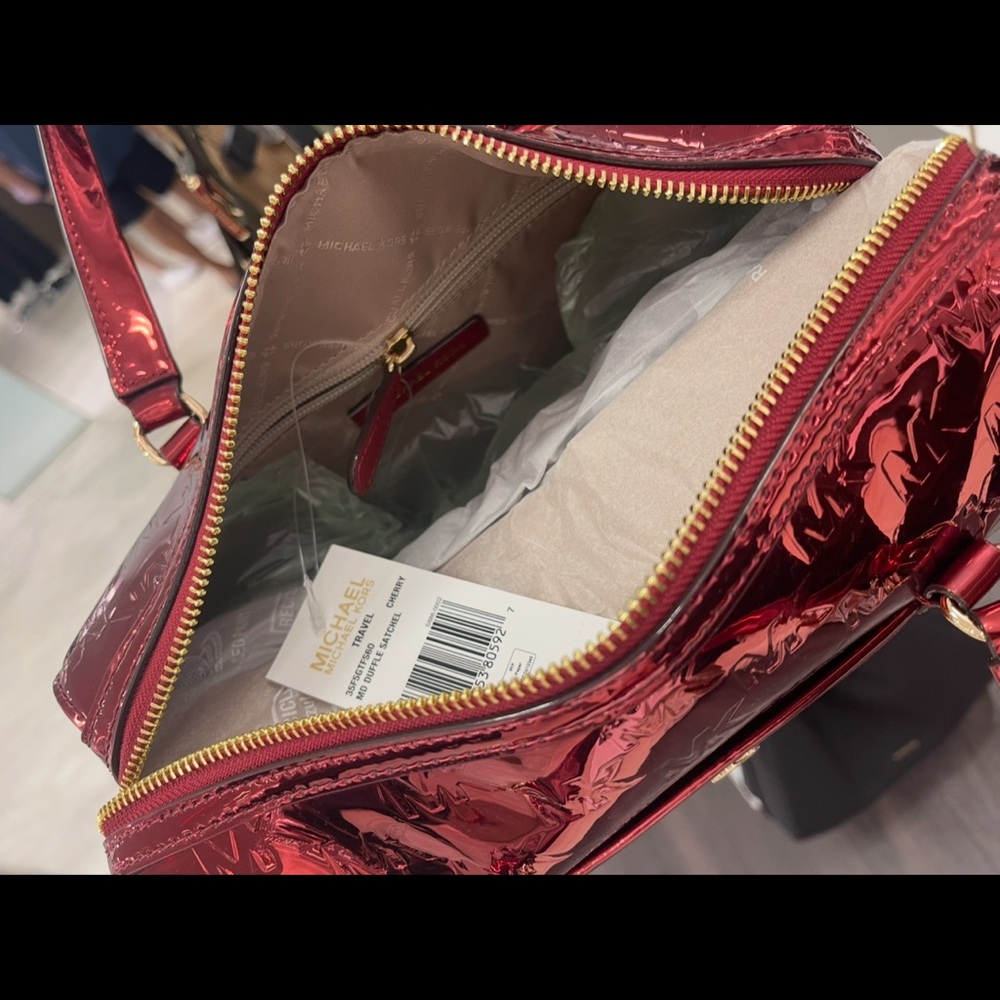 MICHAEL KORS Jet Set Medium Metallic Logo Debossed Satchel
Cherry 
NWT - Picture 10 of 15